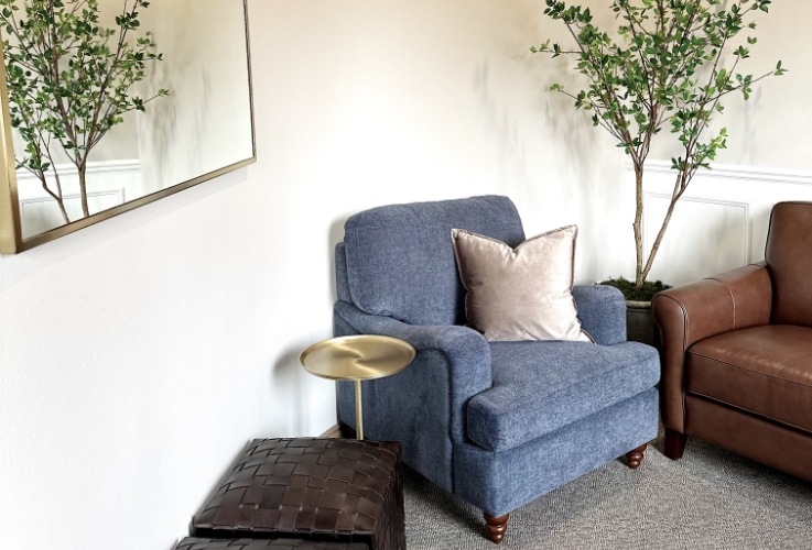 Blue armchair with small white throw pillow