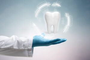 Rendering of a high-tech tooth levitating above a blue-gloved hand